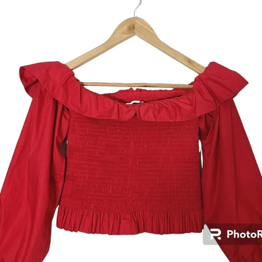 MAJE Lenda Off-The-Shoulder Smocked Cotton Top Women's Size S - Picture 9 of 16
